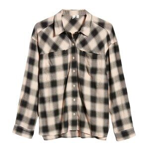 BP Plaid Button Up Casual Shirt Womens M Black Cotton Blend Long Sleeve